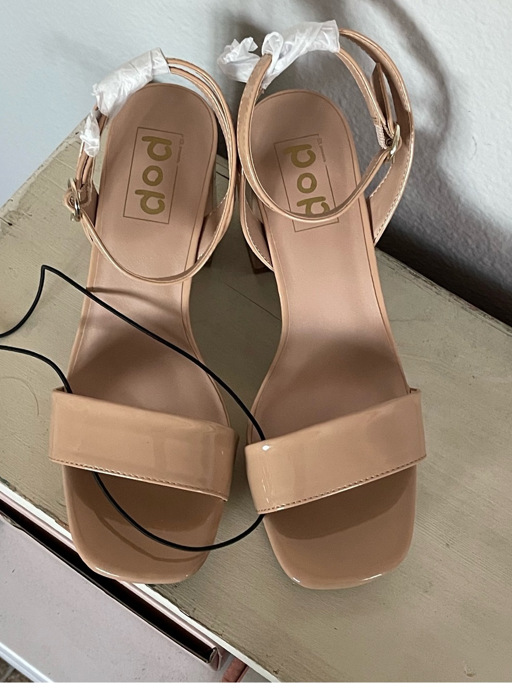 POP CASEN Beige Patent Block Heel Sandals with Ankle Strap